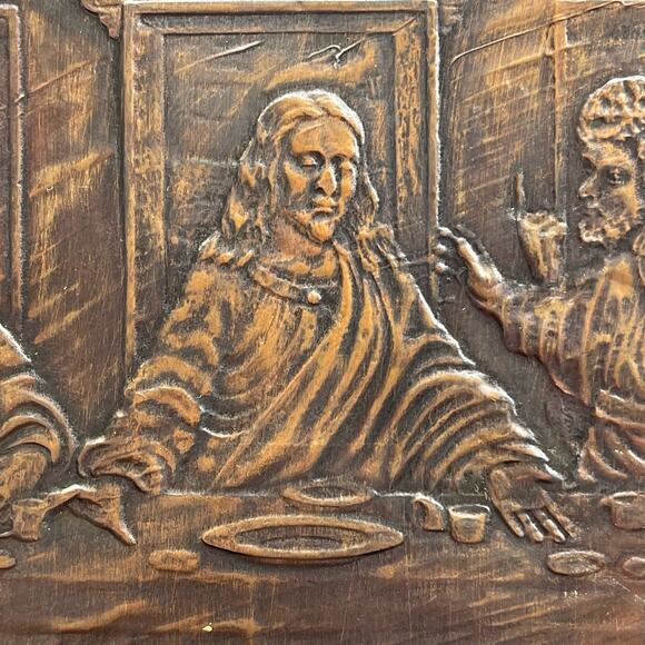 Embossed LAST SUPPER on Copper Tin 20x11 inches Mounted Nailed on Wood Vintage - Picture 11 of 15